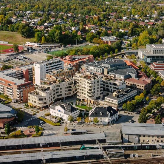 Dronebilde av Wesselkvartalet i Asker.